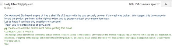 Email from Getg Info about engine oil shelf life and confidentiality notice