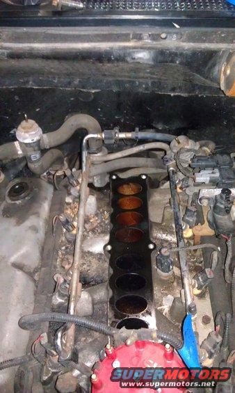 Engine intake manifold with eight ports, some discolored. Wires and hoses are visible