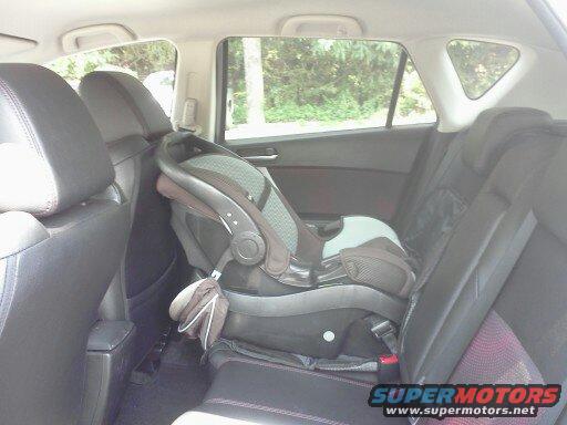 Car interior with baby car seat on back seat