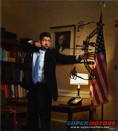 Man in suit aiming a compound bow, with an American flag and a portrait of George Washington in the background