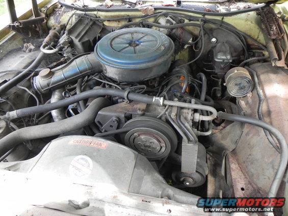 Engine bay with V8 engine, air cleaner, hoses, and belts visible. Yellow paint on fender