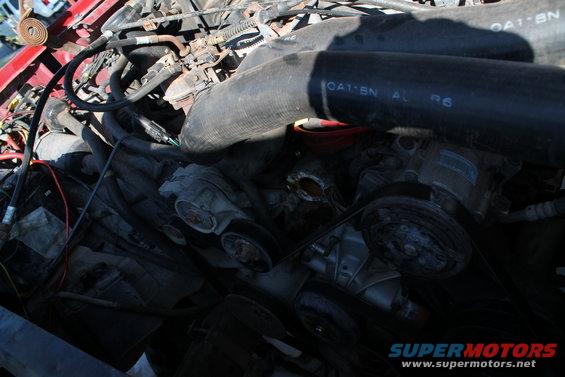 Engine bay with hoses, belts, and pulleys visible
