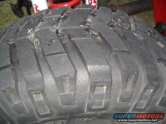 Close-up of aggressive off-road tire tread with M+S marking visible