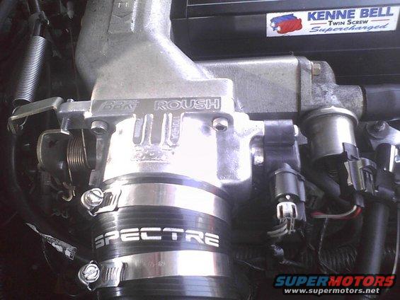 Engine intake manifold with "ROUSH" and "SPECTRE" branding, and a "KENNE BELL Twin Screw Supercharged" sticker