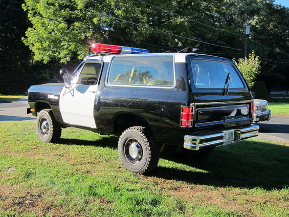 Black and white police SUV with light bar, parked on grass