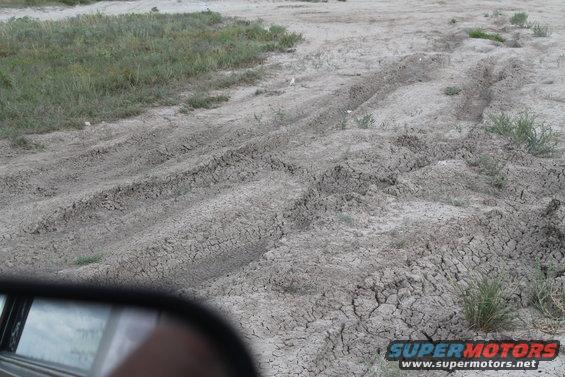 dry, cracked earth with tire tracks, side mirror reflection visible