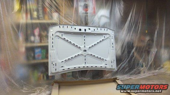 White car hood interior, suspended for painting, showing bracing and mounting points
