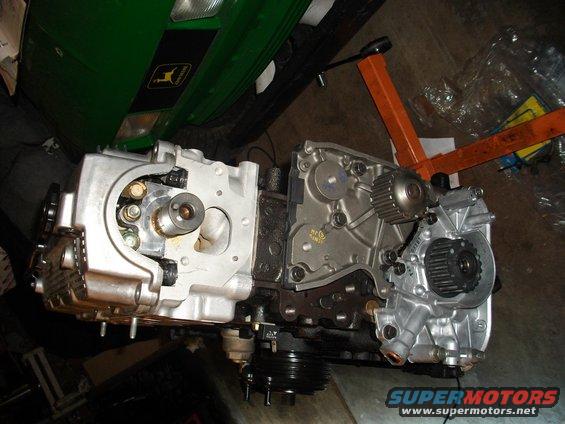 Engine block with gears and camshafts visible