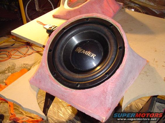 Custom speaker box with Premier subwoofer and pink fiberglass enclosure