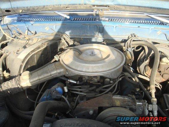 Engine bay with air cleaner, hoses, and wiring visible