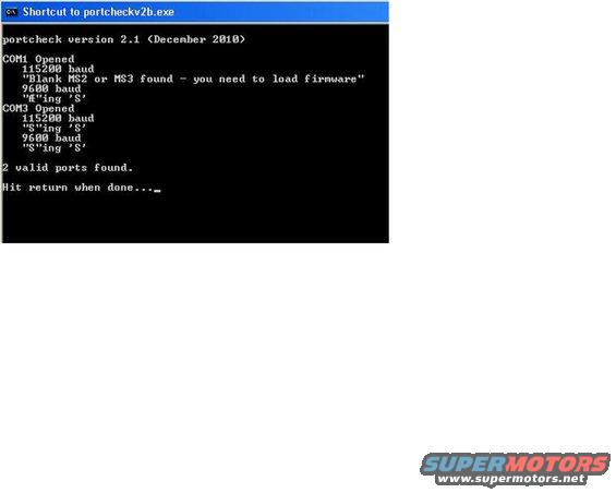 Computer screen shows portcheck version 2.1, COM1 and COM3 opened, 2 valid ports found