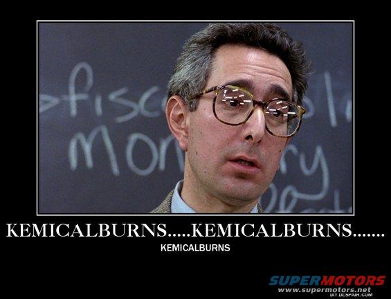 Man with glasses in front of a chalkboard with writing, text overlay reads KEMICALBURNS