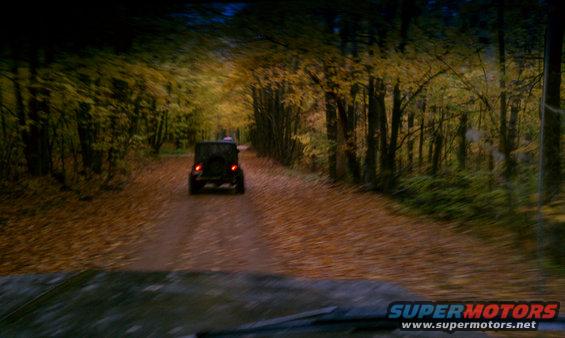 Black SUV with spare tire on rear door driving on a leaf-covered dirt road