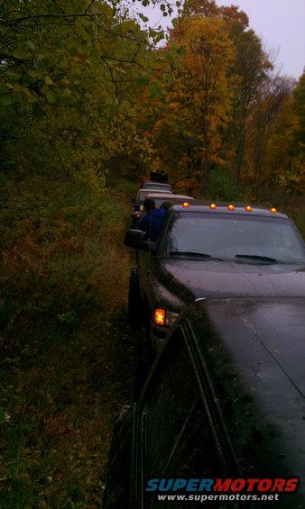 Line of dark trucks on a dirt road with autumn trees