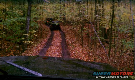 Off-road vehicle driving on a dirt track covered in autumn leaves