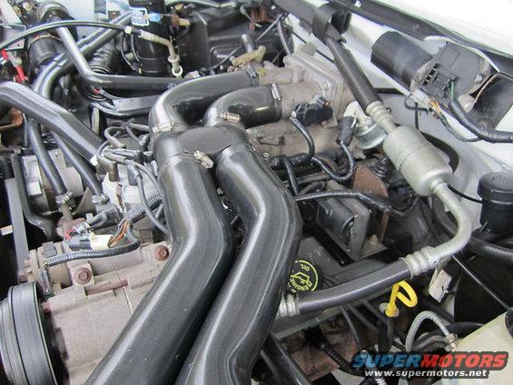 Engine bay with large black intake tubes and an oil cap that says 'Ford'