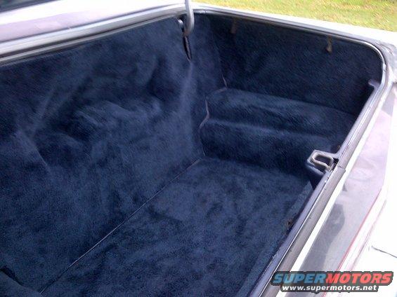 Car trunk interior with dark blue carpet lining. Shows the carpeted floor and side walls