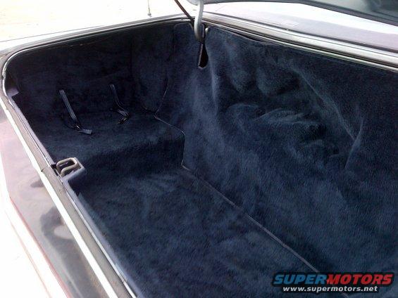 Car trunk interior with dark blue carpet and two black tie-down straps