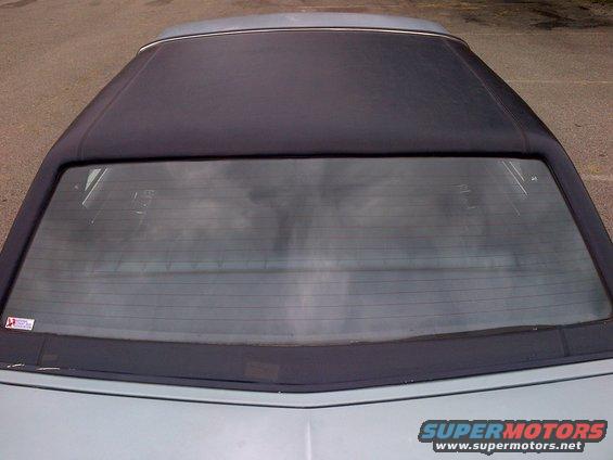 Car's dark vinyl roof and defrosted rear window with a small sticker on the lower left