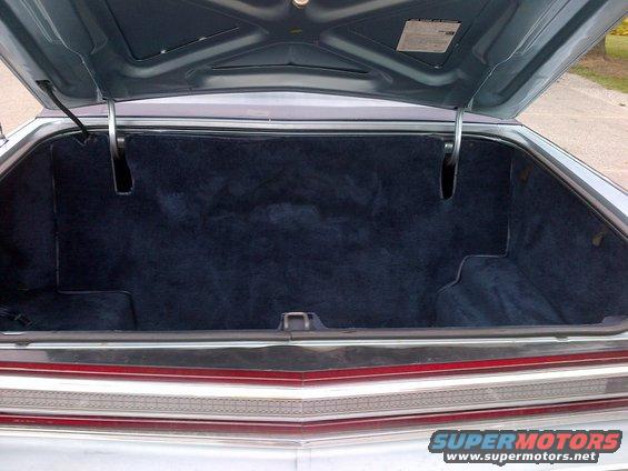 Trunk interior with dark blue carpet and chrome trim