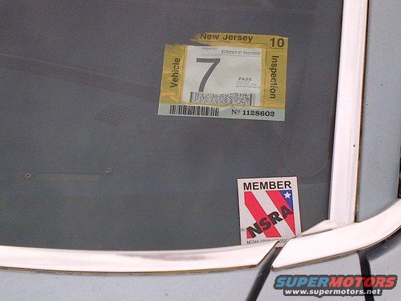 Windshield with New Jersey inspection sticker and NSRA member sticker