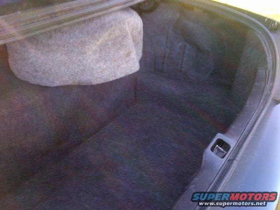 Car trunk interior with dark carpet and a light gray padded cover on the left