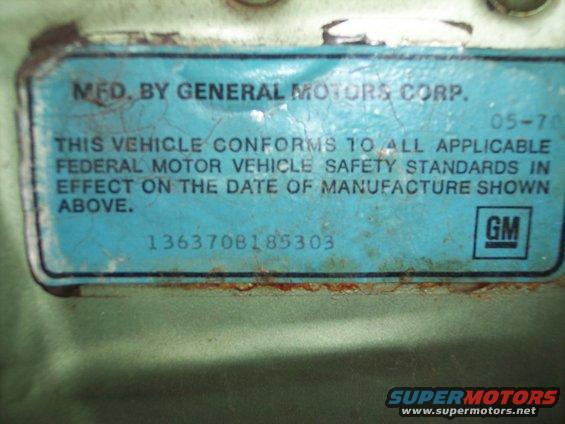 Vehicle identification plate with "05-70" date and "Mfd. by General Motors Corp."