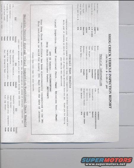 Smog Check Vehicle Inspection Report dated 09/18/2003. Shows vehicle information and overall test results
