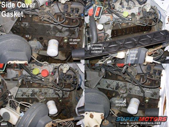 23side.jpg 4.9L Side Cover Gasket

The grommets & cork had collapsed & hardened so badly that the bolts were finger-tight.  I installed the FelPro gasket/grommet set [url=https://www.amazon.com/dp/B000CNJ254]PS13809R[/url] (R for rubber) using RightStuff to hold everything on the cover.  This is only the second gasket I've had to replace since installing the UNrebuilt junkyard engine about 14 years ago.  The pan got a silicone gasket about 7 years ago.  I estimate the engine has over 600Kmi at this point, but my frequent speedometer/odometer changes make it impossible to be sure.

See also:

[url=https://www.supermotors.net/registry/23144/87506-2][img]https://www.supermotors.net/getfile/1132784/thumbnail/20180502_sidegskt15.jpg[/img][/url]