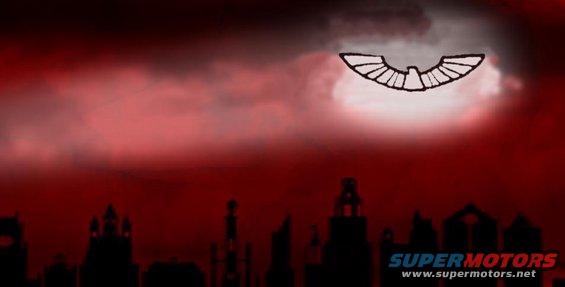 stylized bird logo in sky over dark city skyline, red clouds, supermotors.net watermark