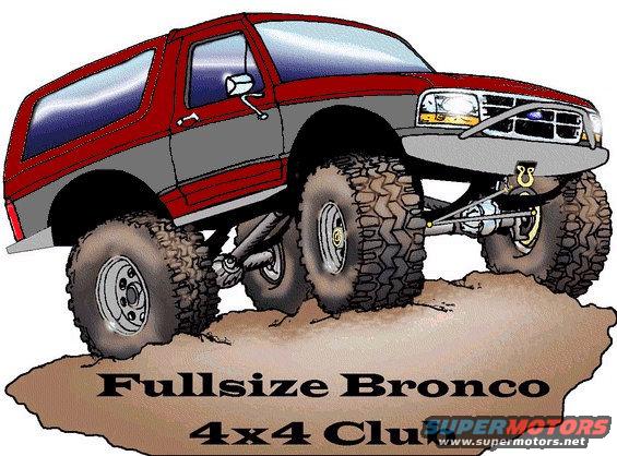 Illustration of a red and gray lifted 1995 Ford Bronco with large tires on dirt