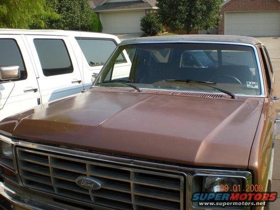 1986 Ford Bronco front grille and hood, parked next to a white van