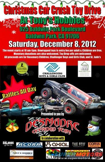 Monster trucks crushing cars at a Christmas toy drive event