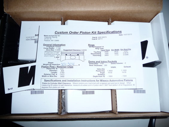 Custom order piston kit specifications document with part details