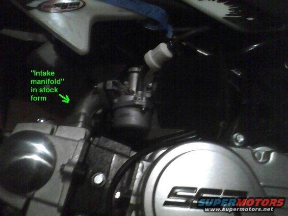 Motorcycle engine with carburetor and intake manifold labeled. Silver casing has "SCSUPERMOTORS" logo