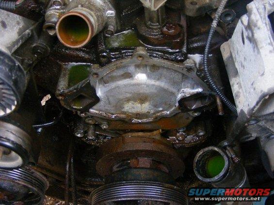 Engine water pump with green coolant leak