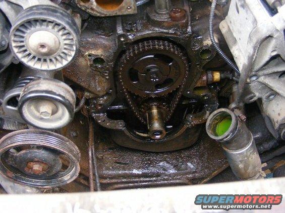 Engine timing chain and gears with pulleys and hoses visible