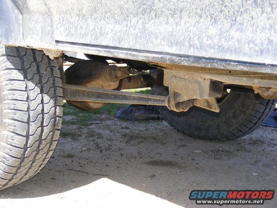 Side view of rear axle and suspension on a vehicle
