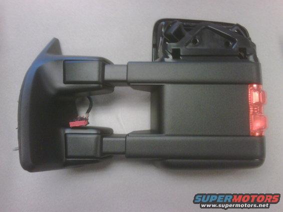 Black side mirror assembly with red turn signal light and wiring connector