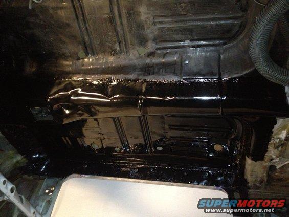 POR15 on floor pan, 65 Mustang.  Pass side done about 3 months ago (faded side).  Both sides painted with semi-gloss.