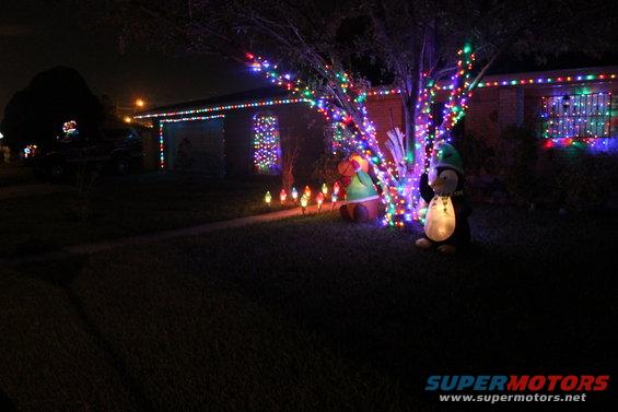House decorated with Christmas lights and inflatable penguin and reindeer figures