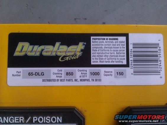 Duralast Gold battery label with part number 65-DLG, cold cranking amps 850, and reserve capacity 150