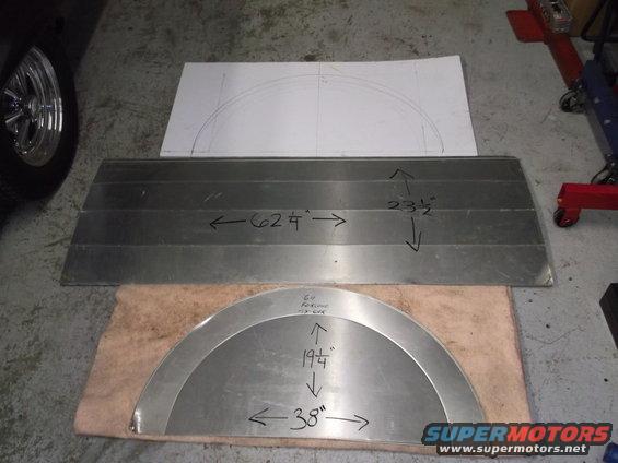 Metal templates and sheet metal for fabrication, with measurements marked