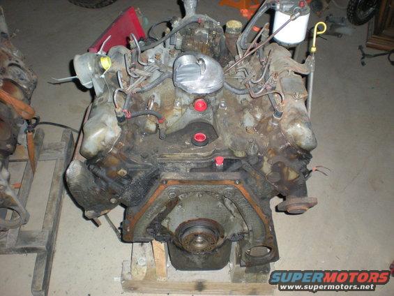 Ford 7.3L IDI V8 engine on wooden stands, showing fuel lines and intake manifold