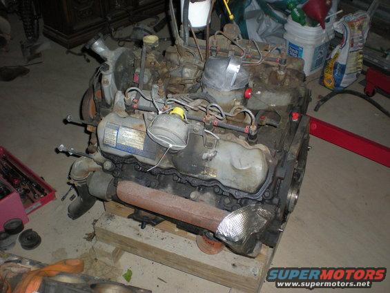 Ford 7.3L IDI V8 engine on wooden blocks, with various hoses and parts attached