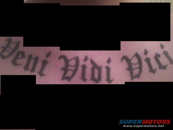 Tattoo text reading 'Veni Vidi Vici' in gothic script