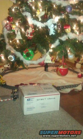 Christmas tree with lights and ornaments, a package labeled "SECRET SANTA" on the floor