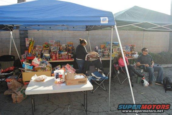 Tables laden with boxes of merchandise are set up under blue and green tents, with people sitting nearby