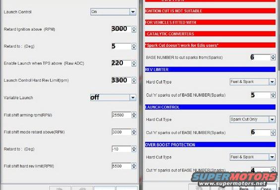 Computer screen displaying engine control settings with fields for launch control, rev limiter, and over boost protection