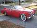 1956 Ford Thunderbird - A classic red convertible sits parked on a concrete driveway, with fallen leaves scattered around.